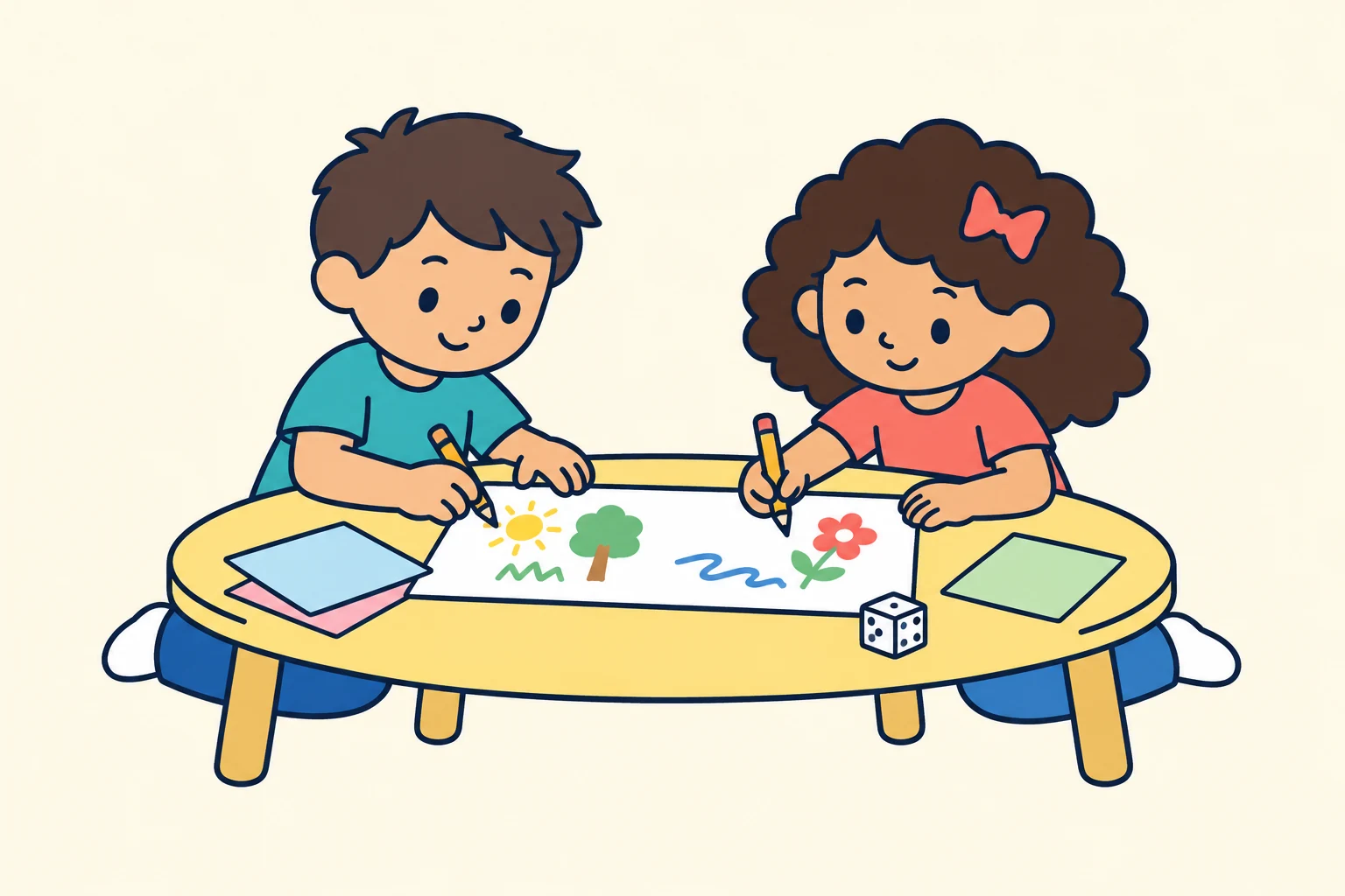 Two children sharing a pencil-and-paper game at a table