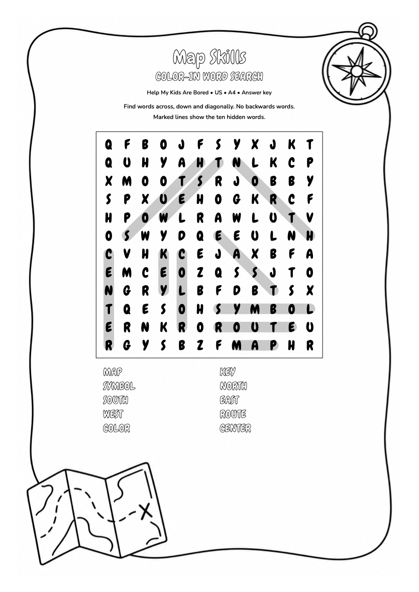Map Skills — Geography Colour-In Word Search | Free Printables