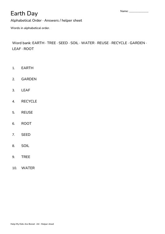 Earth Day Alphabetical Order | Free Printable