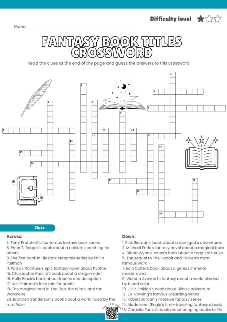 Fantasy Book Titles Crossword Puzzle – Printable Fun for Book Lovers for Book week