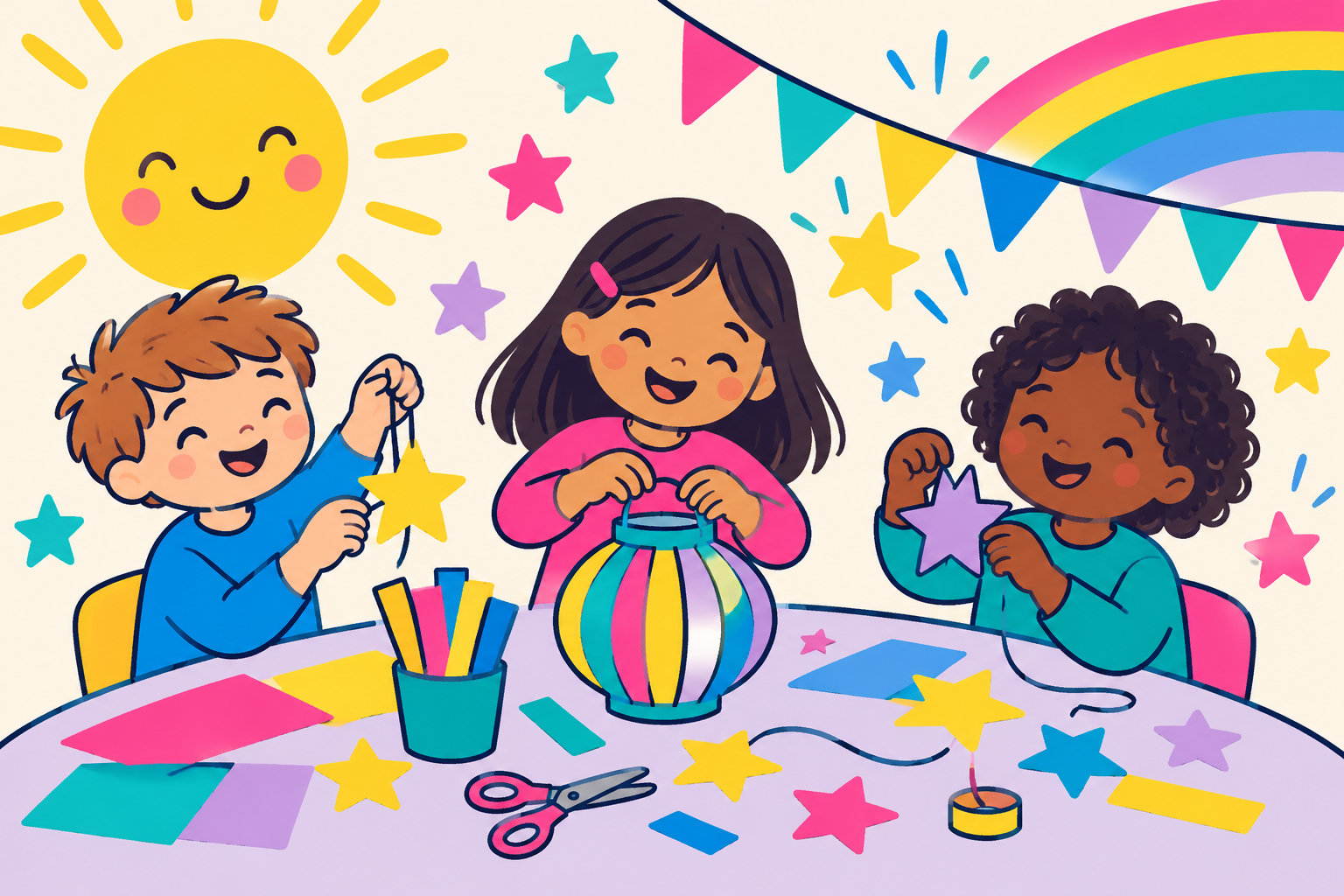 Children making paper lanterns and celebrating light together