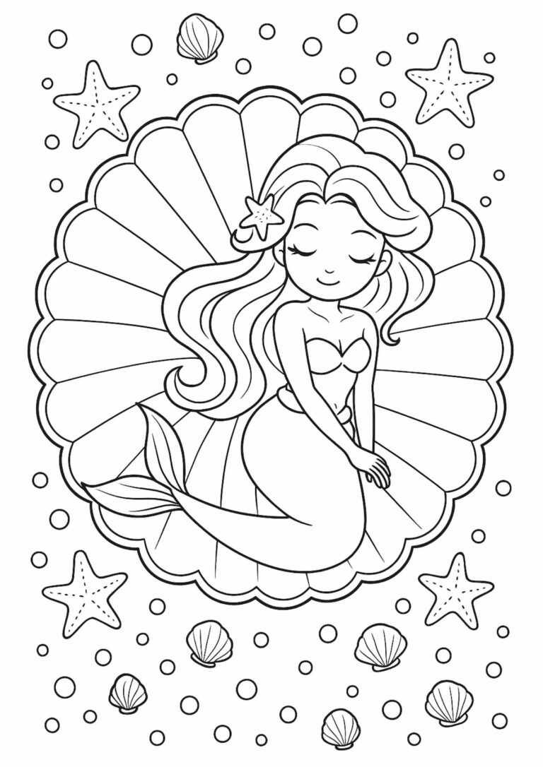 Free Sleeping Mermaid in a Seashell Coloring Page – A Peaceful Ocean Printable for Kids