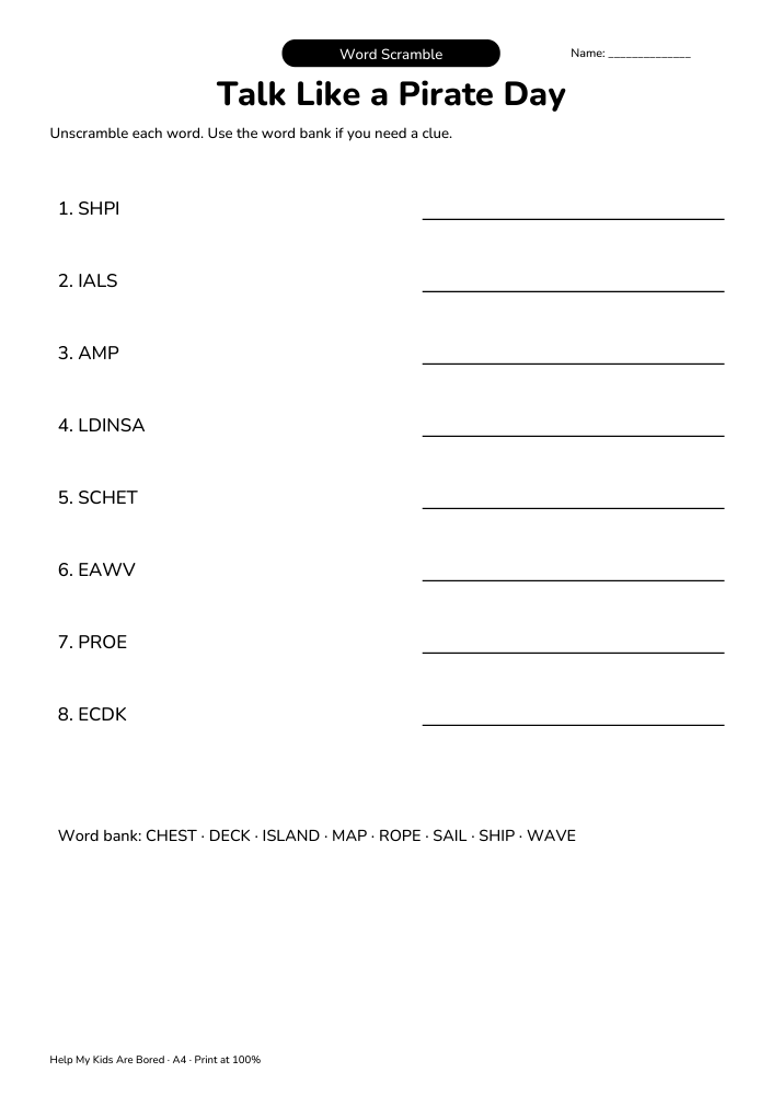 Talk Like a Pirate Day Word Scramble