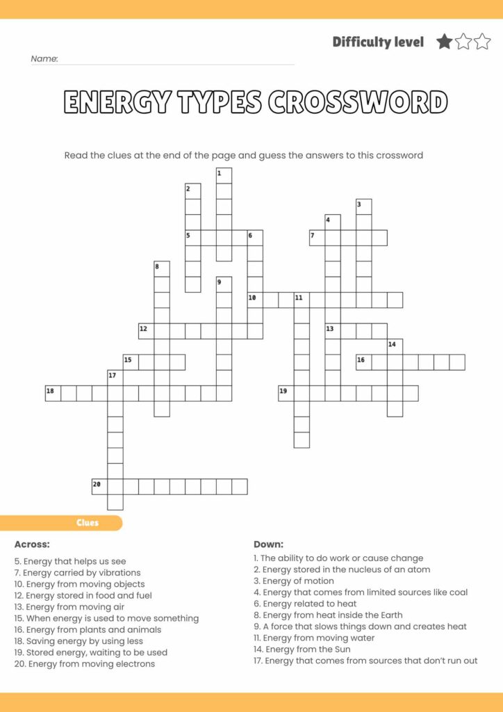Energy Types Crossword Puzzle – Printable Science Fun