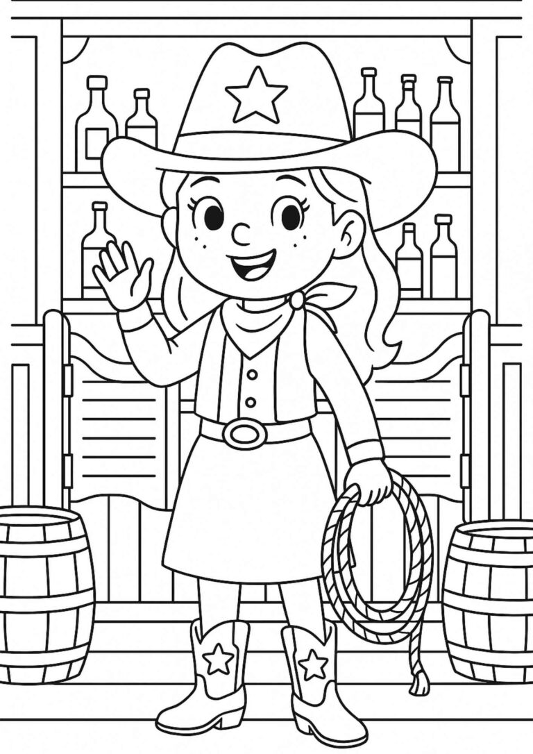 Step Into the Wild West! Free Cowgirl in a Saloon Coloring Page for Kids
