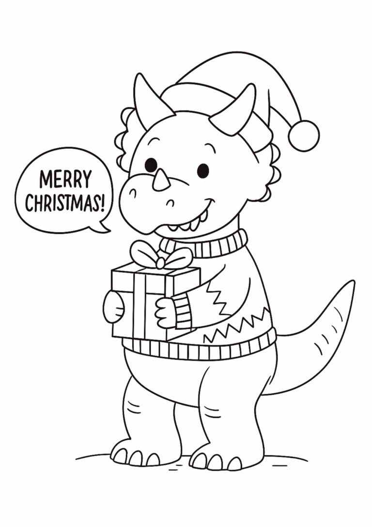 Christmas Dinosaur Colouring Page – Triceratops with Gift