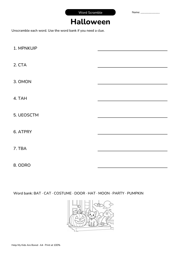 Fre File Halloween Word Scramble | Free Printable