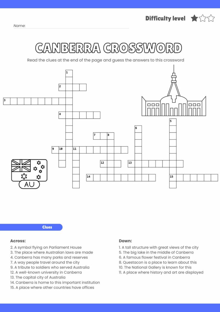 Free Canberra Crossword Puzzle – Printable Fun for Kids & Learners!