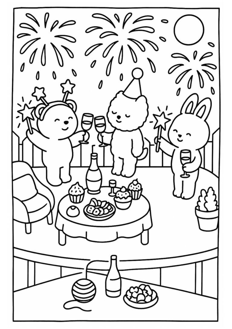 Birthday Picnic Party – Cosy Colouring In Page (Free Printable)