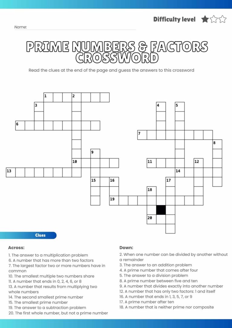 Free Prime Numbers & Factors Crossword Puzzle – Printable Math Fun!