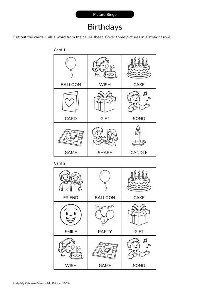 Birthdays Vocabulary Bingo