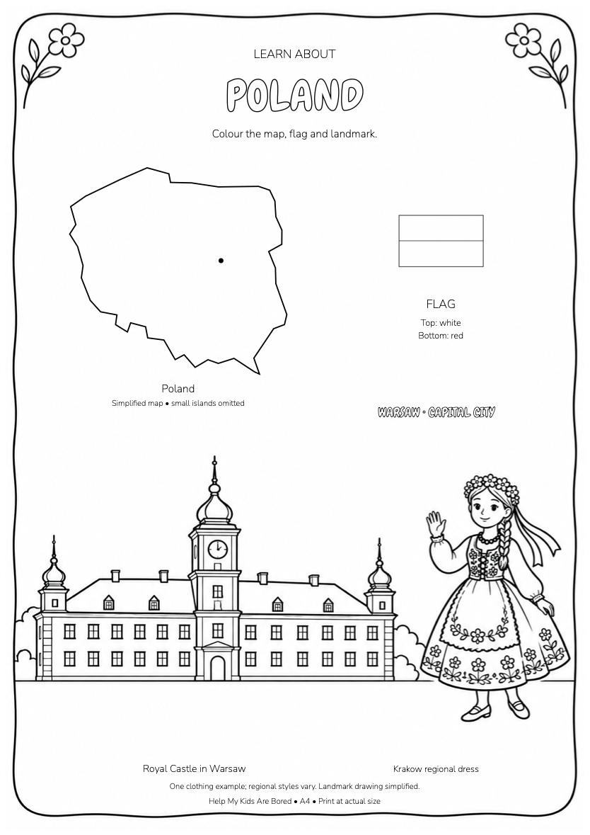 Learn About Poland — Country Colouring Page