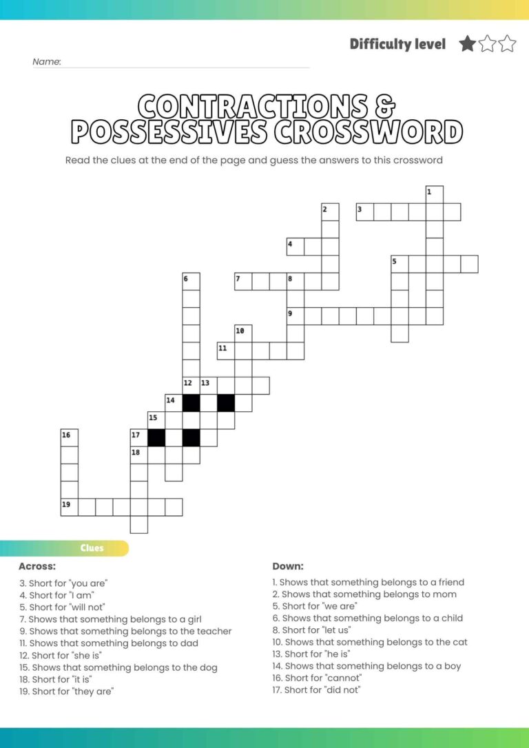 Free Contractions & Possessives Crossword Puzzle – Printable Grammar Fun for Kids