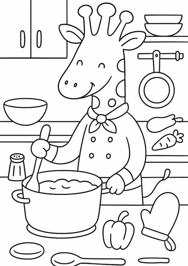 Free Cooking Giraffe Coloring Page – Kitchen Printable