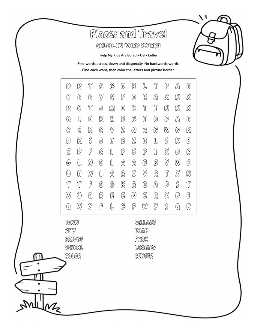 Places and Travel — Geography Colour-In Word Search | Free Printables