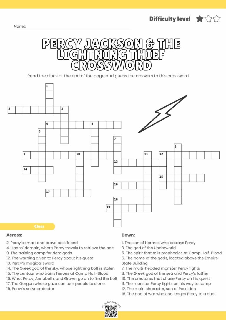 Percy Jackson & The Lightning Thief Crossword Puzzle – Free Printable Mythology Fun