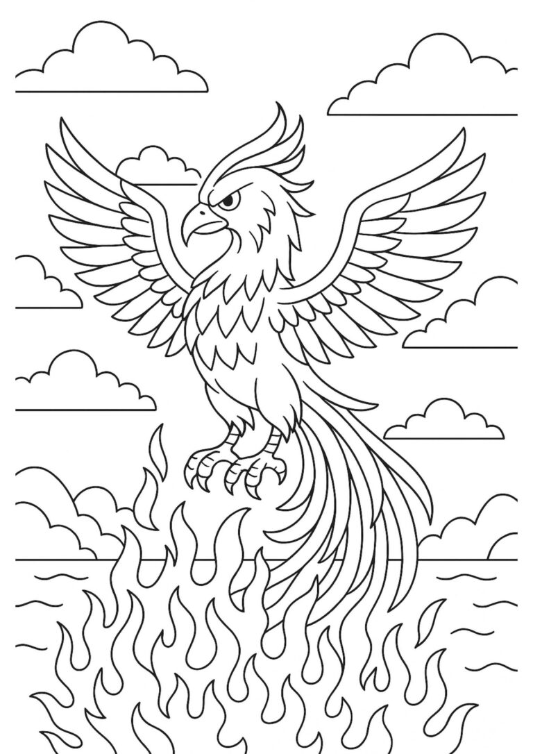 Phoenix Coloring Page – Mythical Bird of Fire and Rebirth