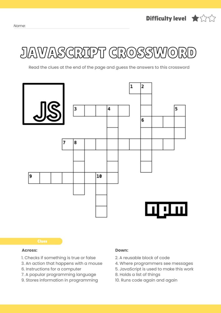 Free JavaScript-Themed Crossword Puzzles – Printable Coding Fun for All Ages