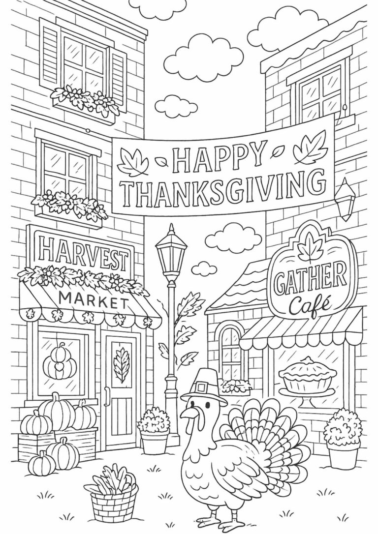 Happy Thanksgiving Street Scene – Free Coloring Page for Kids