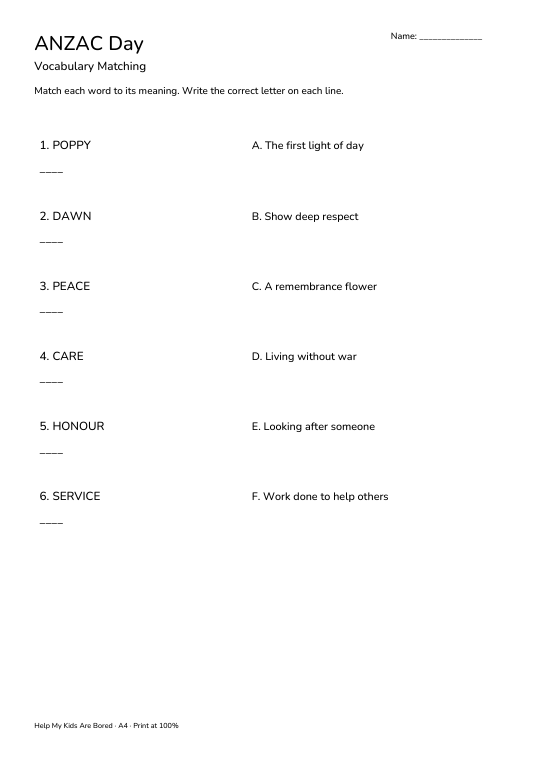 ANZAC Day Vocabulary Matching