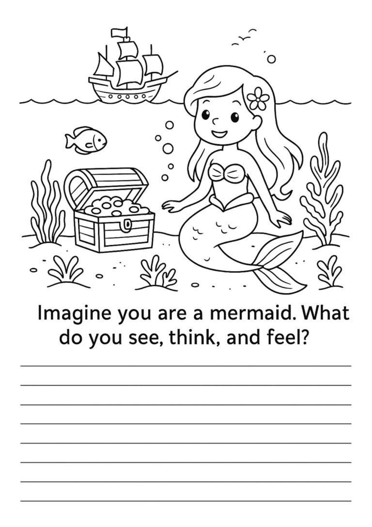 Mermaid Writing Prompt and Coloring Page – Free Printable for Kids