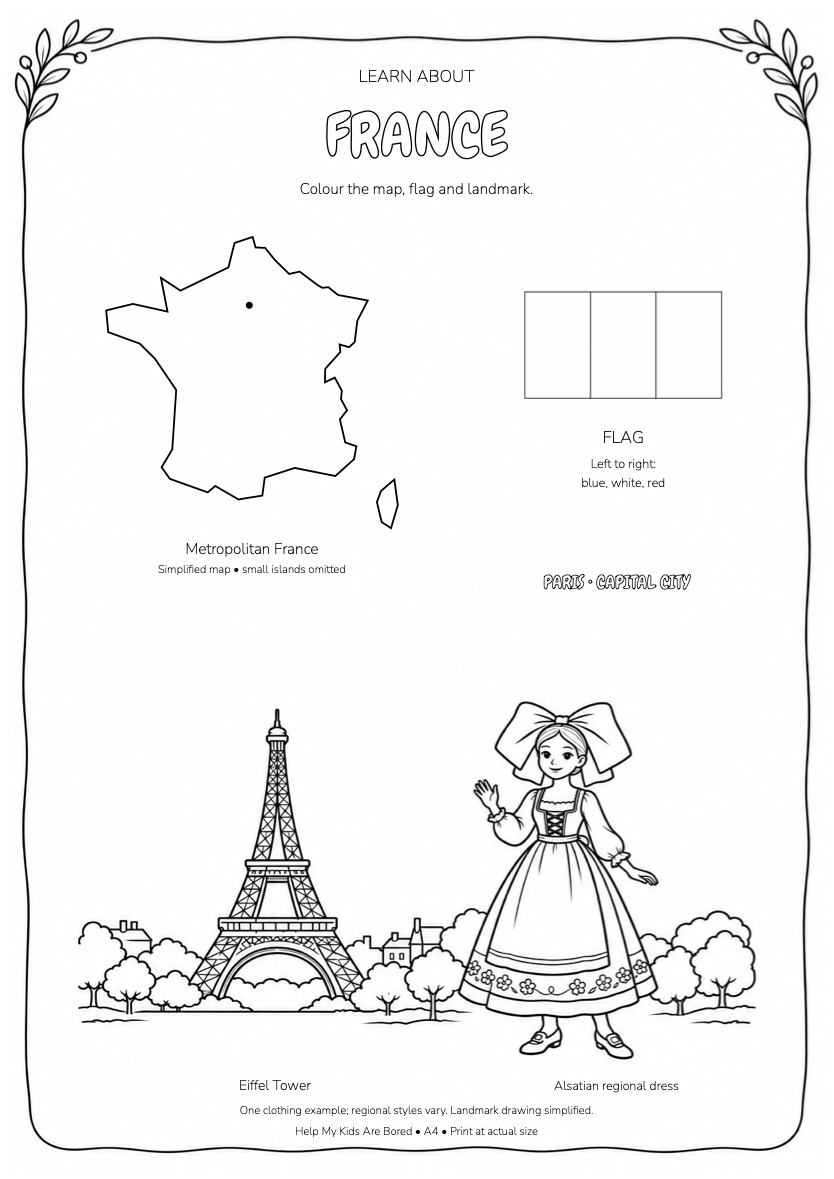 Learn About France — Country Colouring Page