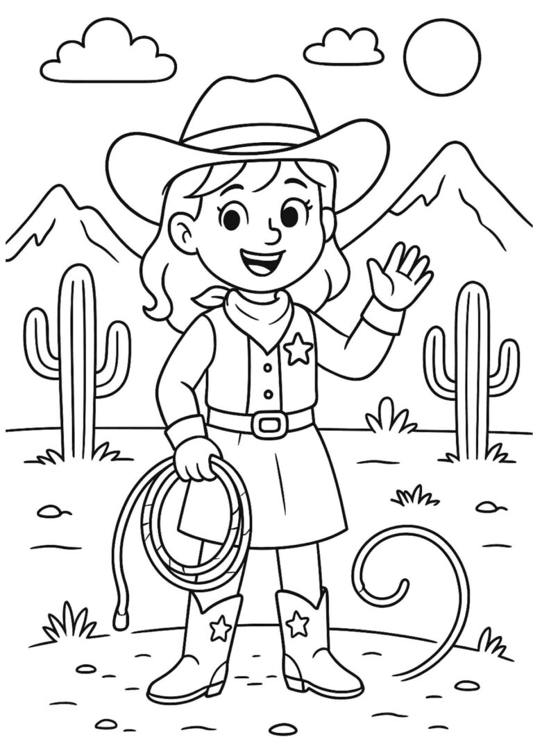 Yeehaw! Free Outdoor Cowgirl Coloring Page for Kids