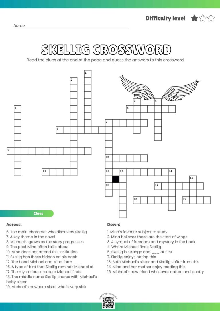 Skellig Crossword Puzzle – Free Printable Literature Fun