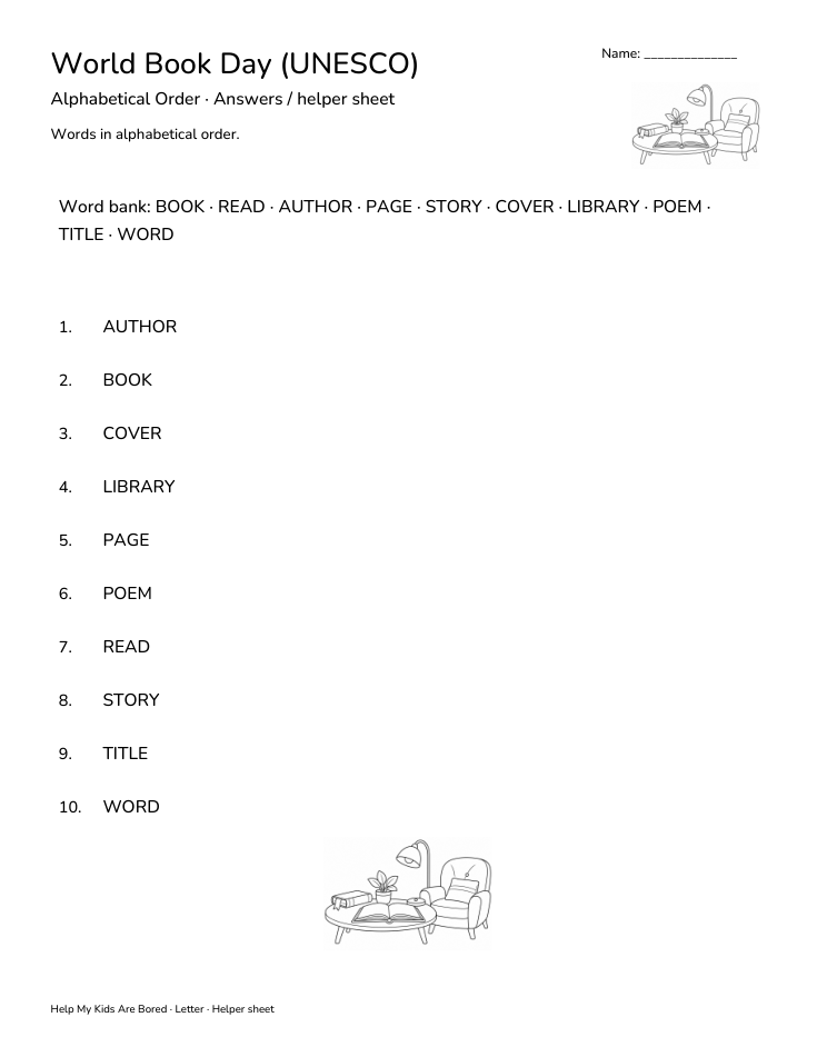 Book Week Letters World Book Day (UNESCO) Alphabetical Order | Free Printable