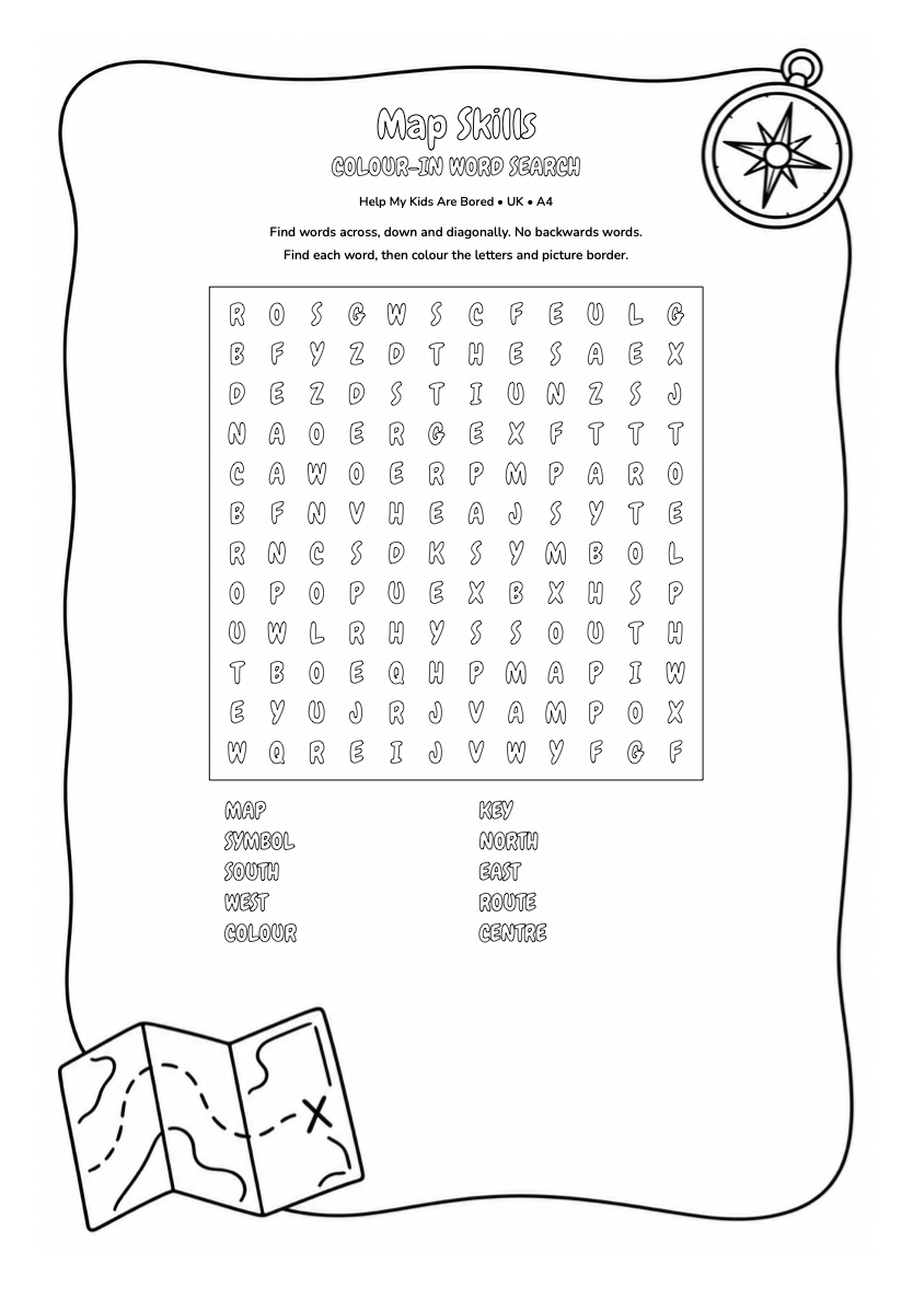 Map Skills — Geography Colour-In Word Search | Free Printables