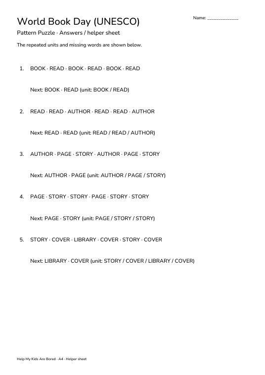 Book Week Letters World Book Day (UNESCO) Pattern Puzzle | Free Printable