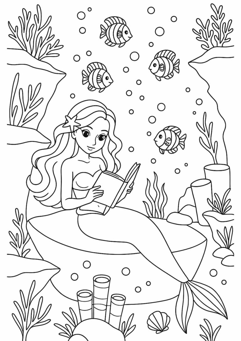 Free Mermaid Reading Under the Sea Coloring Page – A Calm, Creative Printable for Kids