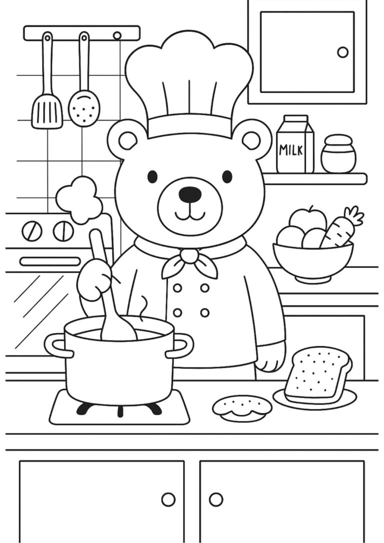 Free Cooking Bear Coloring Page – Kitchen Theme Printable