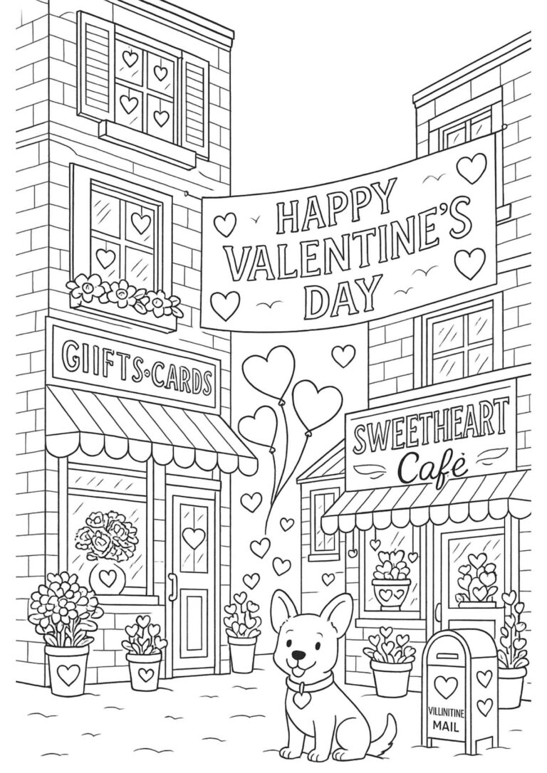 Valentine’s Day Street Scene Coloring Page – Free Printable for Kids