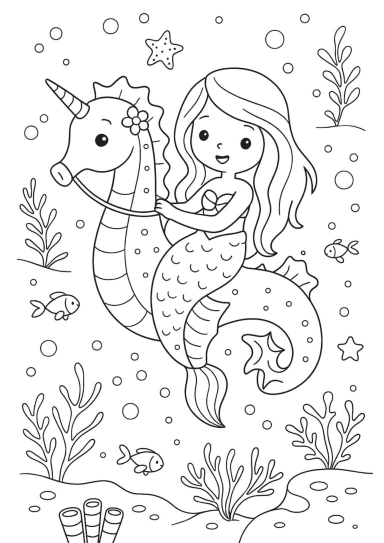 Free Mermaid & Unicorn Seahorse Coloring Page – Magical Ocean Printable for Kids