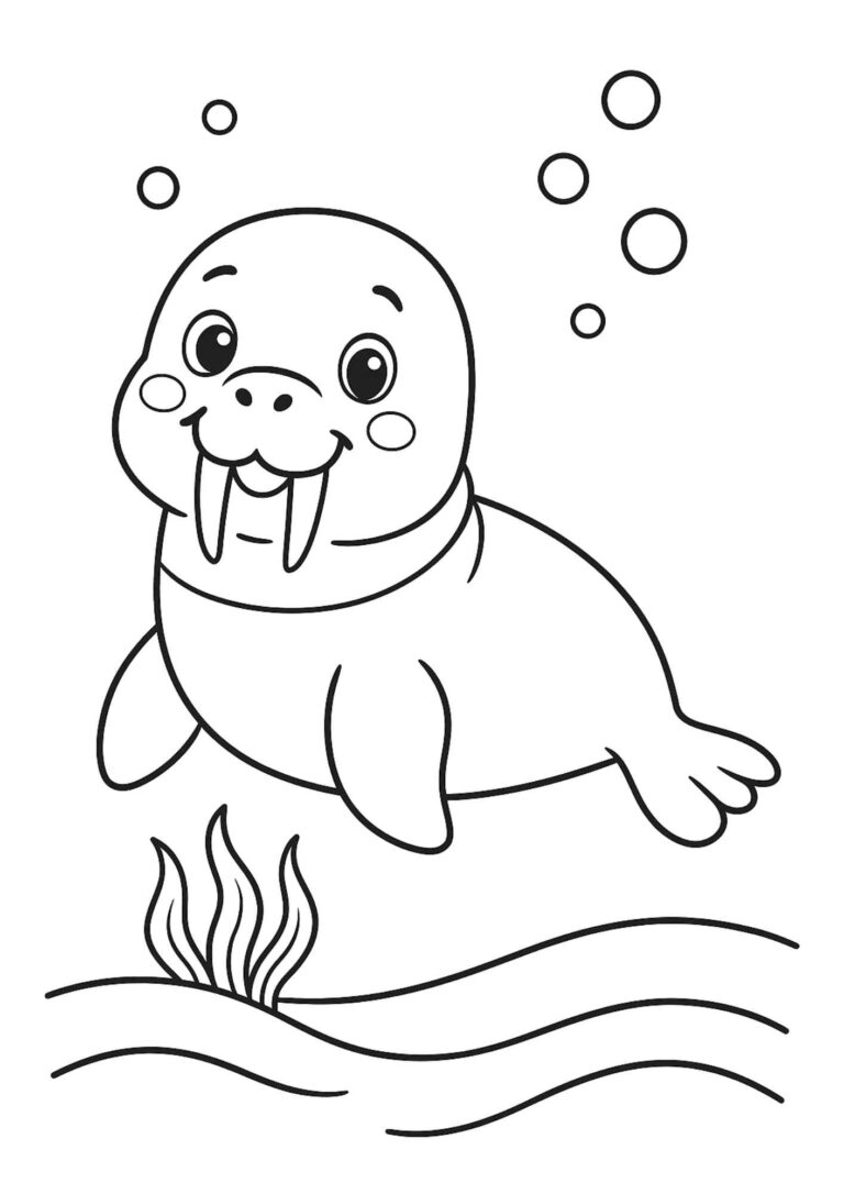 Preschool Sea Animal Coloring Page – Walrus (Free Printable)