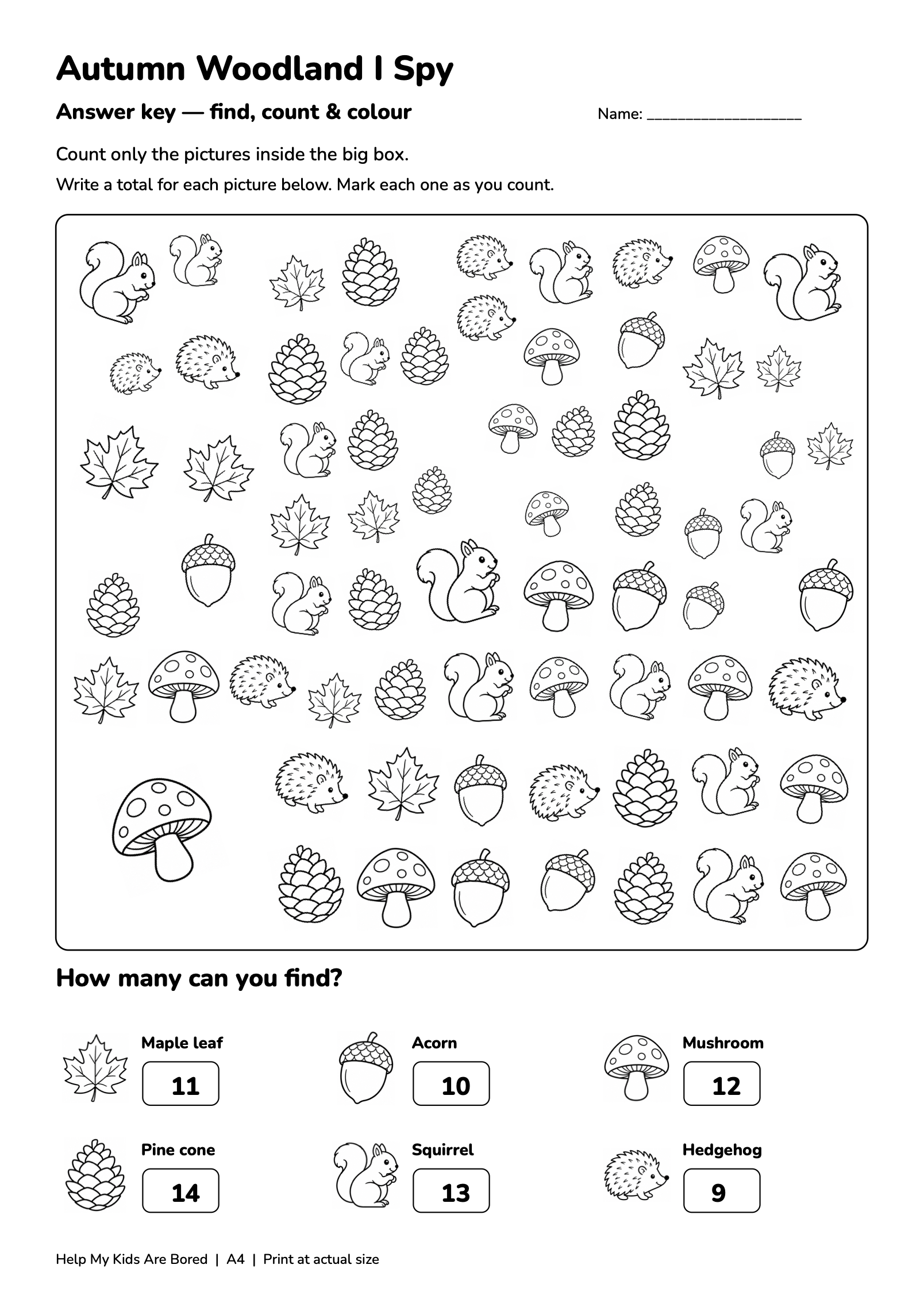 Autumn Woodland I Spy — Free Counting Printable