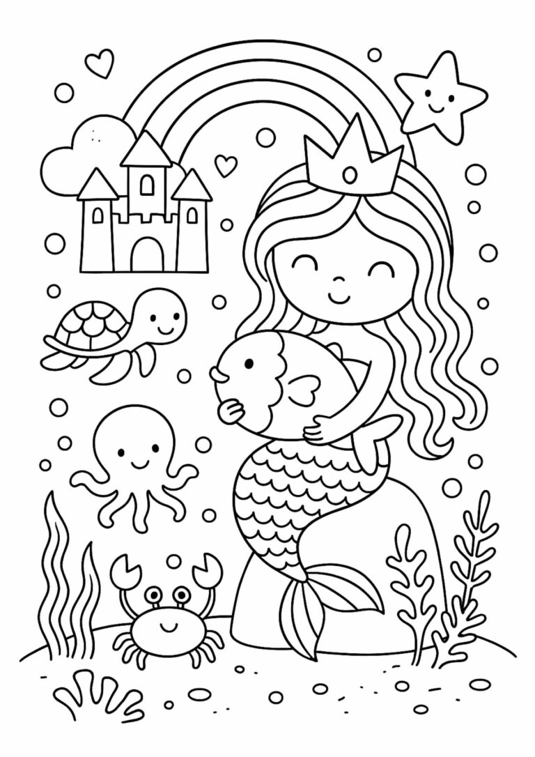 Free Mermaid Princess Coloring Page – Castle, Rainbow & Ocean Friends!