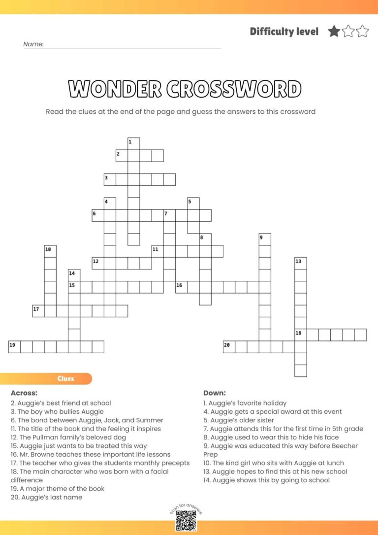 Wonder Crossword Puzzle – Printable Literature Fun