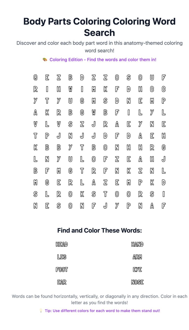 Body Parts Coloring Word Search