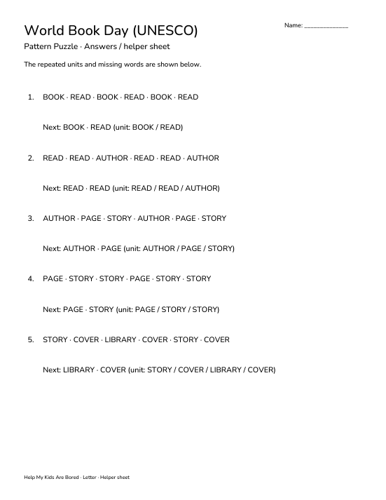 Book Week Letters World Book Day (UNESCO) Pattern Puzzle | Free Printable