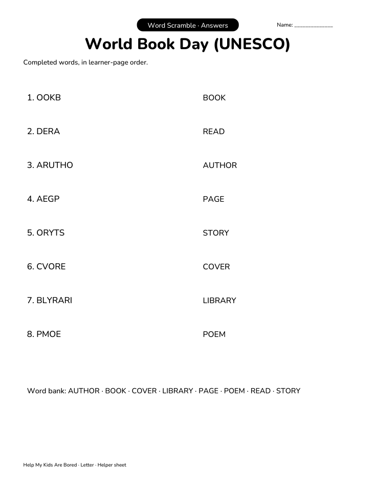 Book Week Letters World Book Day (UNESCO) Word Scramble | Free Printable