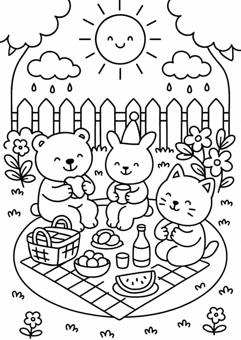 Sunny Garden Picnic – Cosy Colouring In Page (Free Printable)