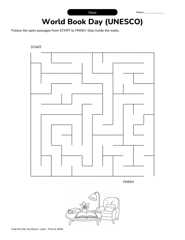 Book Week Letters World Book Day (UNESCO) Pencil Maze | Free Printable