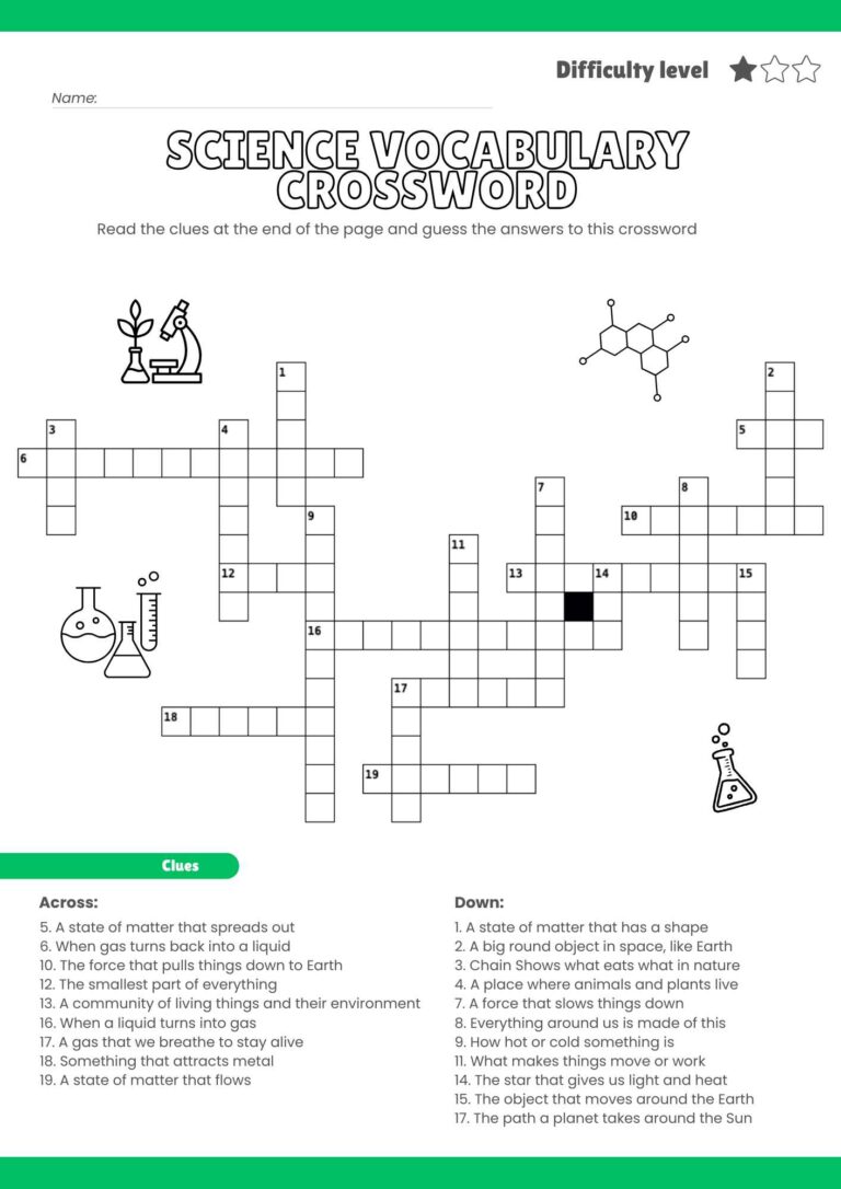 Free Science Terms Crossword Puzzle for Grade 4 – Printable & Fun Learning