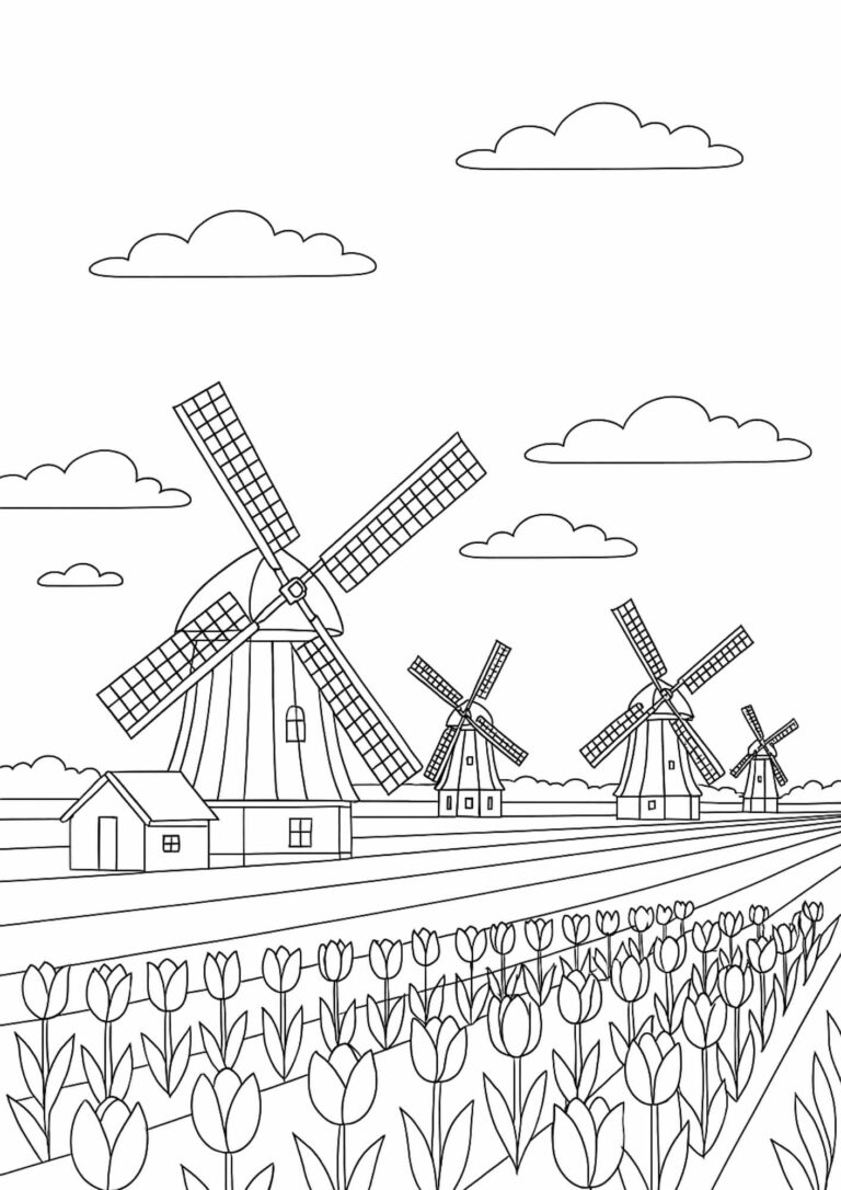Free Dutch Windmills & Tulip Fields Colouring Page