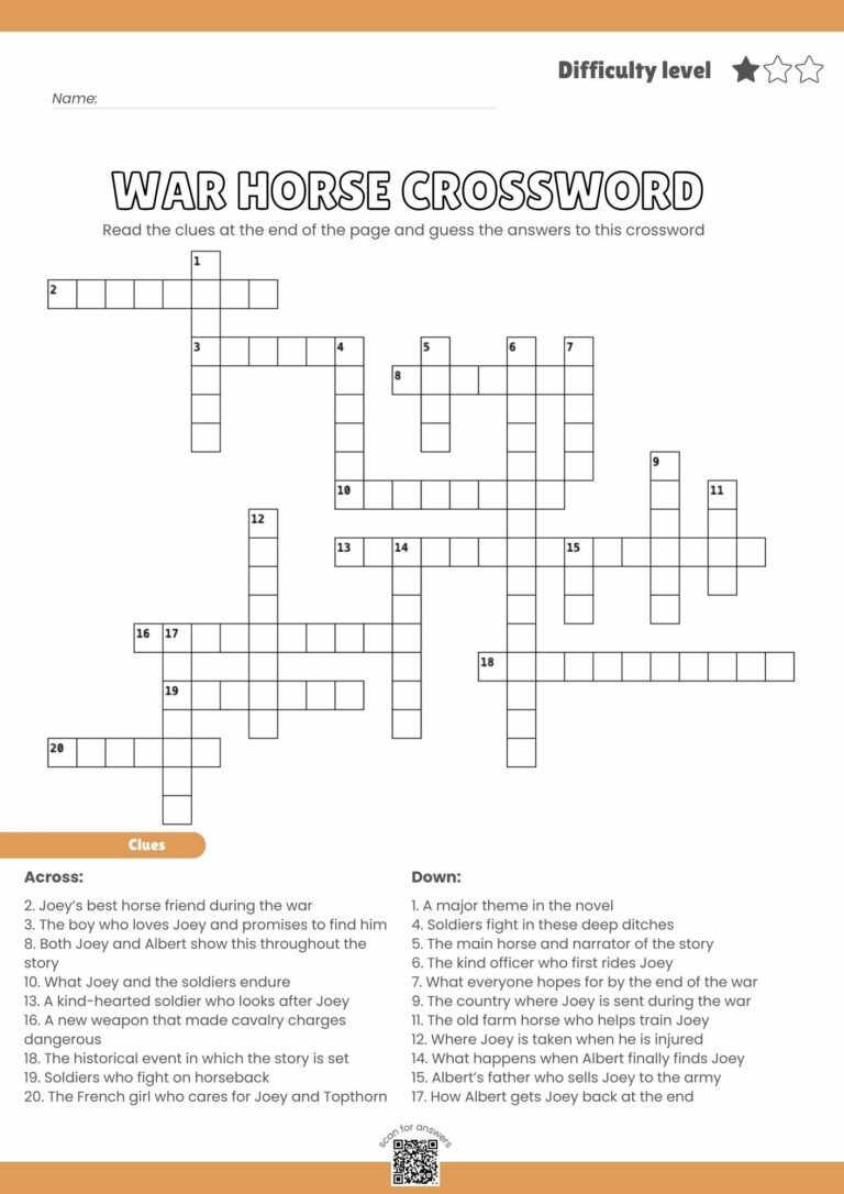 War Horse Crossword Puzzle – Free Printable Literature Fun