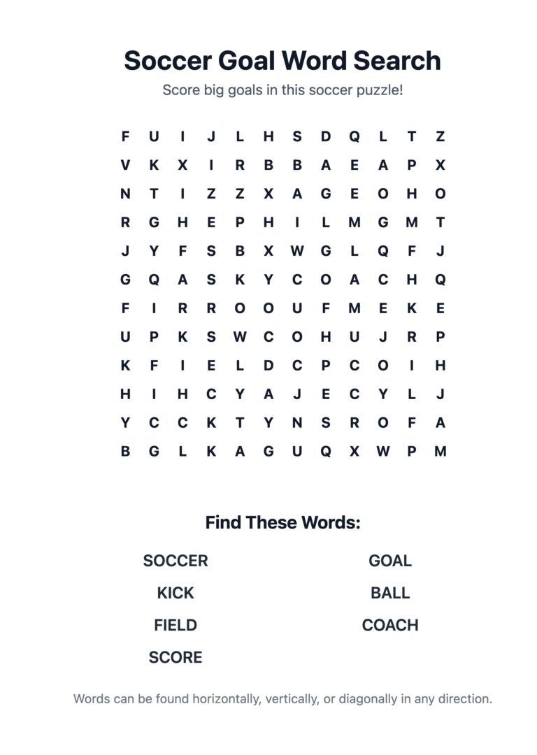 Soccer Goal Word Search