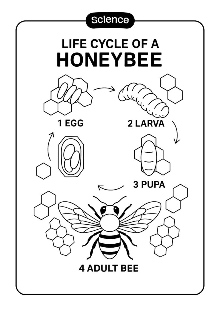 Life Cycle of a Honeybee – Free Science Coloring Page for Kids