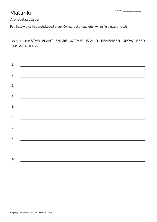 Matariki Alphabetical Order